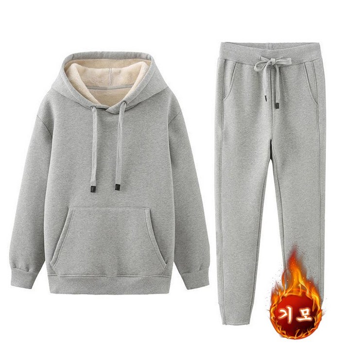 ORZQU 가을 겨울 남성 캐시미어 캐주얼 세트 후드 긴바지 기모 도톰 와이드 투피스