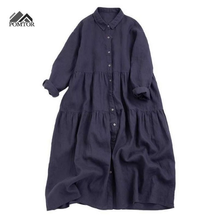 POMTOR 여성용 내추럴 스타일 린넨 원피스 아홉부 소매 루즈핏 편안한 디자인