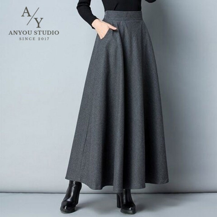 ANYOU 모직 스커트 모직 스커트 추동 치마 롱 스커트 롱 스커트 무지 모직물군 무지 스커트 왕단치마