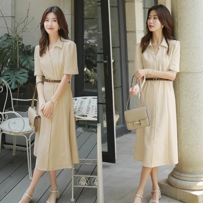 와이와이YY 카라넥 정장원피스 벨트 세트 여성 여름 원피스