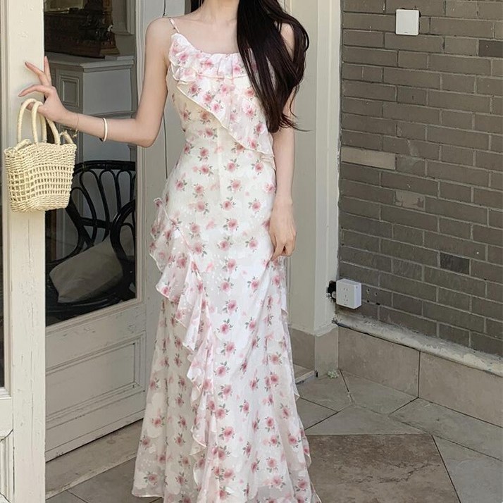 cammello 머메이드 실루엣 쉬폰 롱 원피스 끈나시 원피스