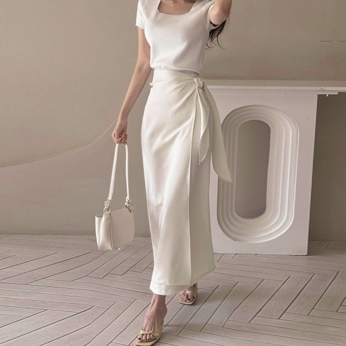 떳다그녀 럭시 매듭 리본 언발 사이드 랩치마 하객룩 데이트룩 로맨틱 봄 가을 스판 롱스커트