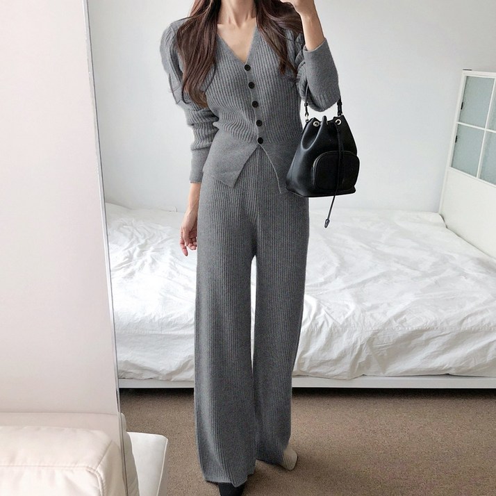 요시아나 당일발송 보나드 포근 골지 니트 가디건 롱팬츠 투피스 세트 2컬러