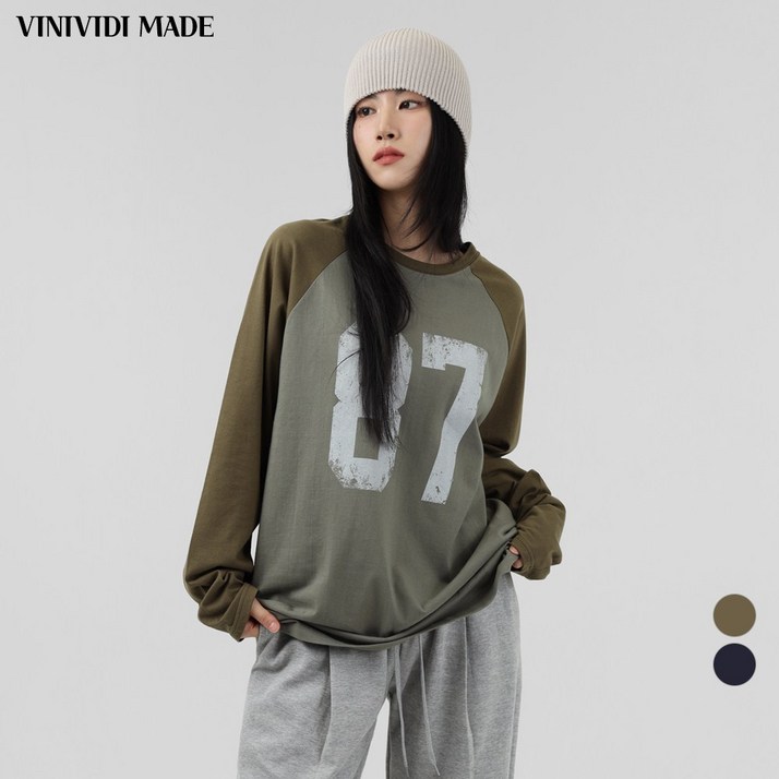 VINIVIDI 자체제작 여성 빈티지 숫자 프린팅 배색 나그랑 라운드 데일리 긴팔 티셔츠 VINIVIDI 자체제작 여성 빈티지 숫자 프린팅 배색 나그랑 라운드 데일리 긴팔 티셔츠