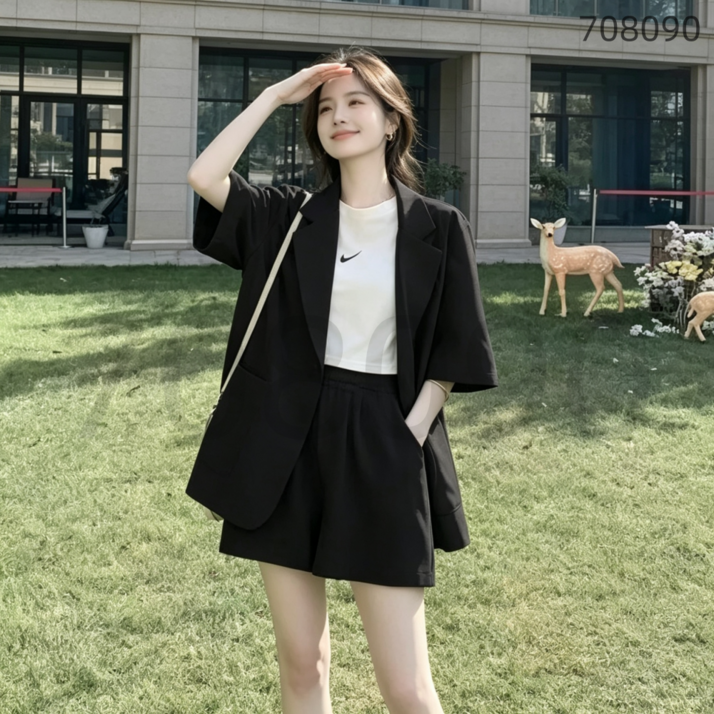708090 여성용 캐주얼 반바지 투피스 세트 여름 정장 세트 오피스룩