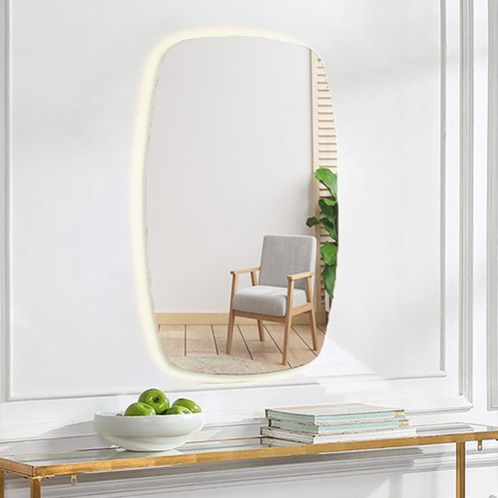 간접조명거울 LED 간접 - 무테 직타원형 거울 - 3색변환 터치스위치 조명 거울 현관 거실 욕실 화장대 세면대 미용실 인테리어 스마트 디밍 디자인 거울