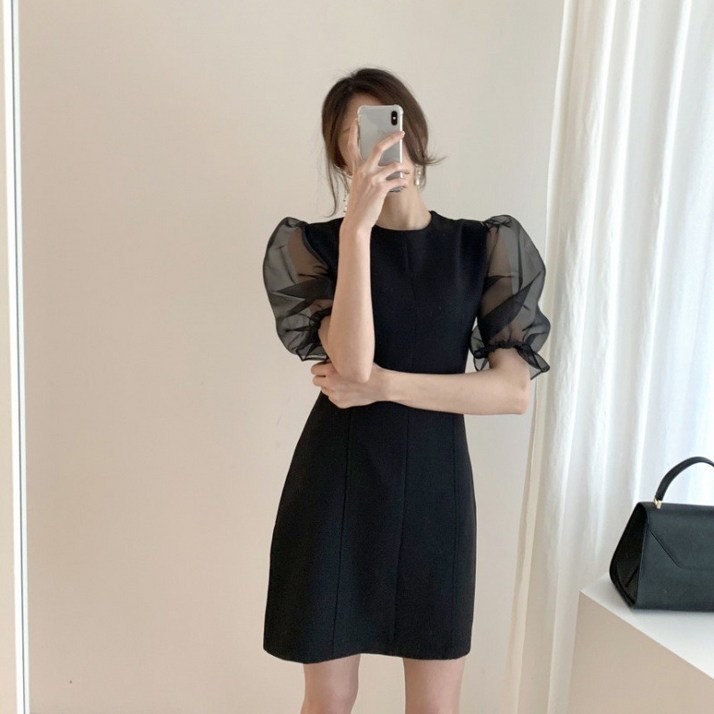 BIKASU 여성 여름 하객룩 원피스 정장 슬림핏  반팔 퍼프 소매 미니원피스