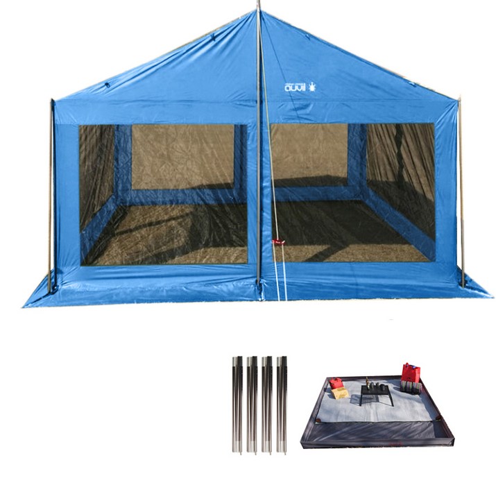 오빌 라운지 스크린 텐트 + 사이드폴 + 그라운드시트, 블루, 1세트