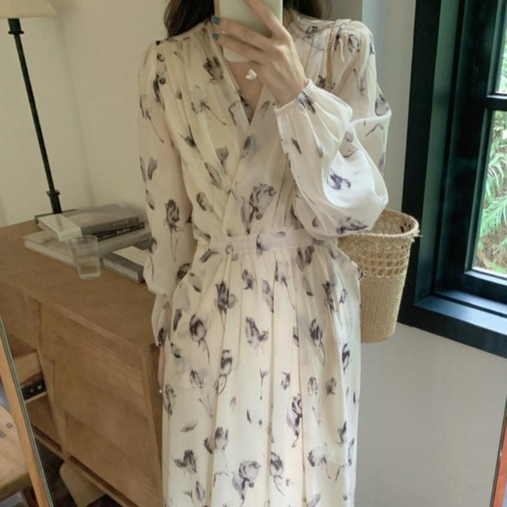 브이넥 플라워 주머니 쉬폰 롱 원피스