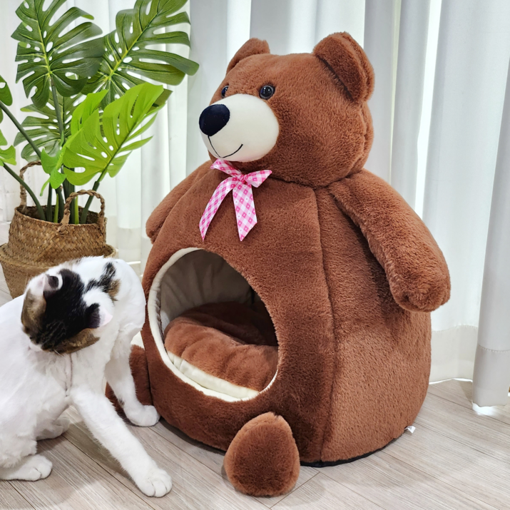 펫카,고양이 곰돌이 숨숨집 고양이집 쿠션 하우스 대형, 브라운 펫카,고양이 곰돌이 숨숨집 고양이집 쿠션 하우스 대형, 브라운