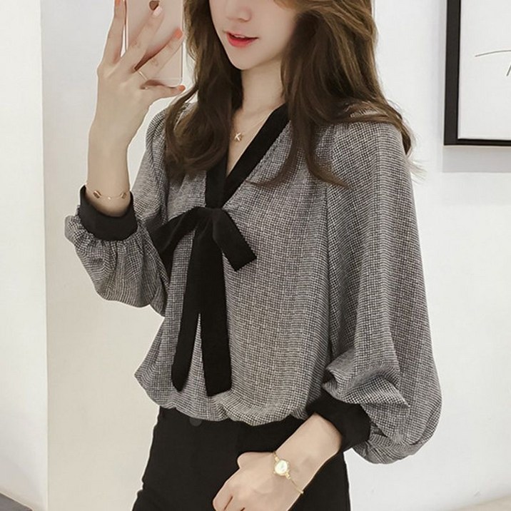 COSYEVNO  여성 봄 가을 체크 리본 넥 블라우스 LFHxfs-15