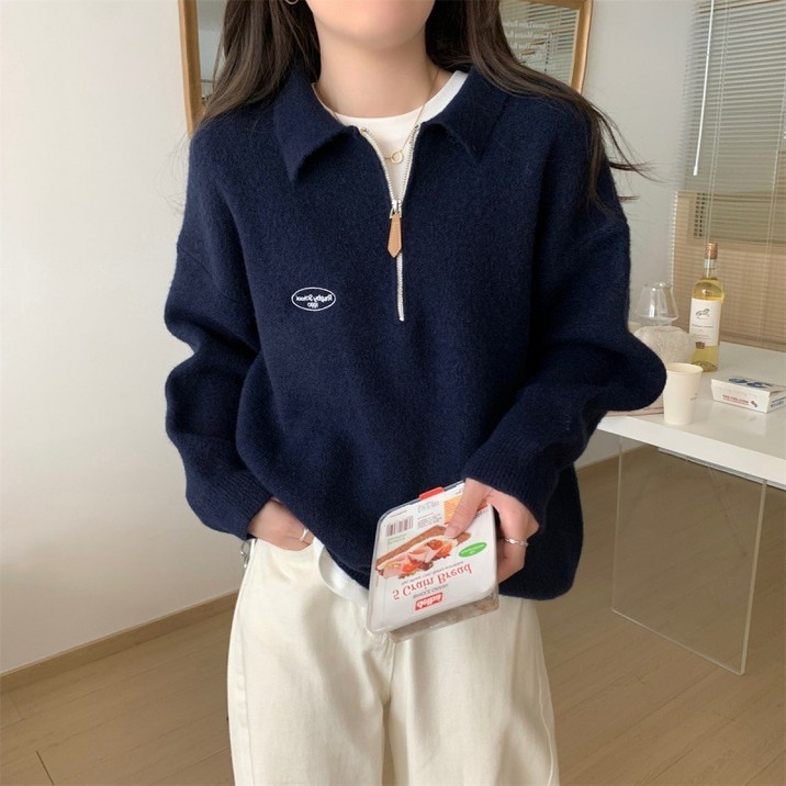 KDNC 여성 추동 니트 칼라넥 스웨터 기본핏 집업 맨투맨