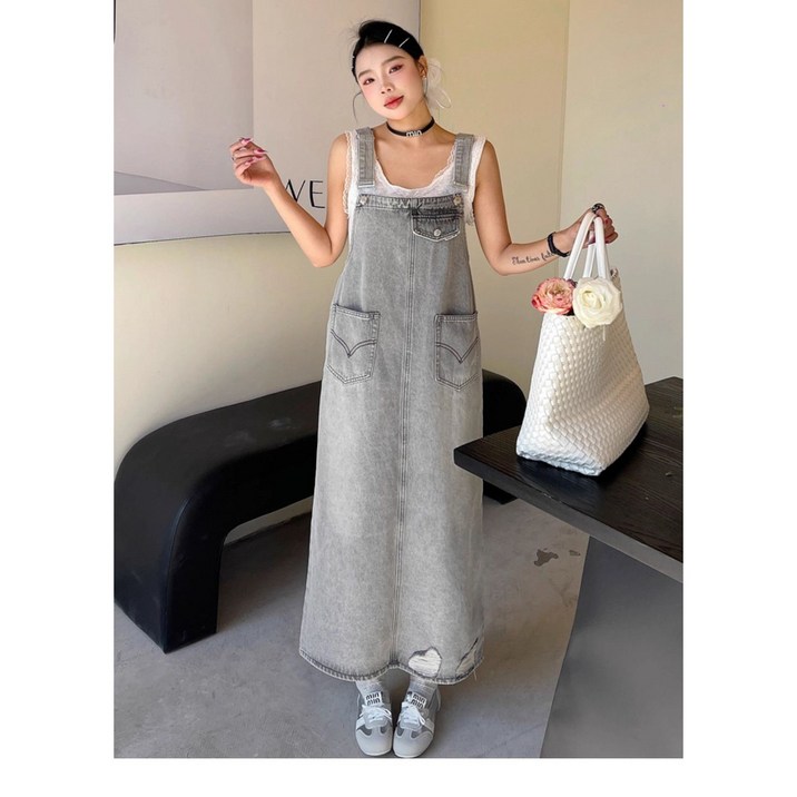 봄 가을 여성 빈티지 데님 멜빵 원피스 캐주얼 오버핏 점프수트 데일리 롱 멜빵치마 SYW