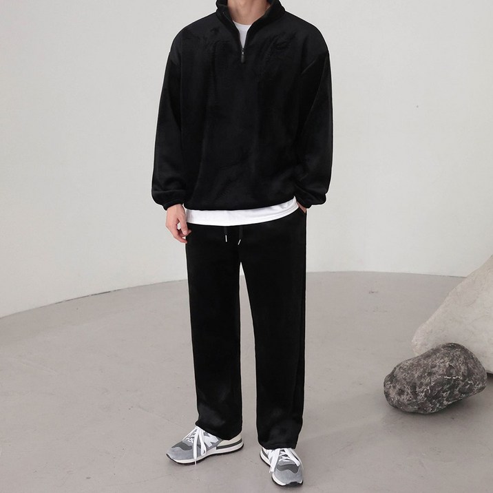 SET베이직바이블 벨리 코듀로이 기모 반집업 와이드 조거 세트 트레이닝 셋업4color