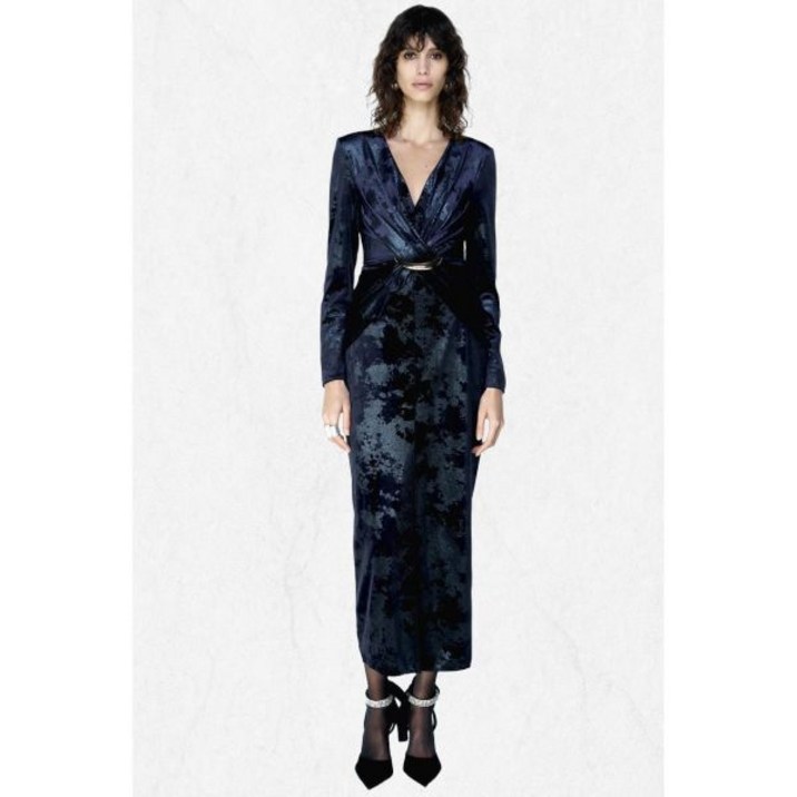 [국내정품] 자라 ZARA 골드 장식 벨벳 미디 원피스 - 블루 0387161407 2501478