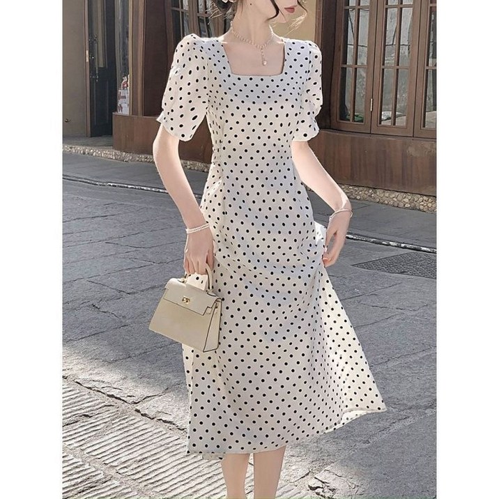 휠렉스 여성 스퀘어넥 땡땡이 벌룬 롱 원피스 JT382