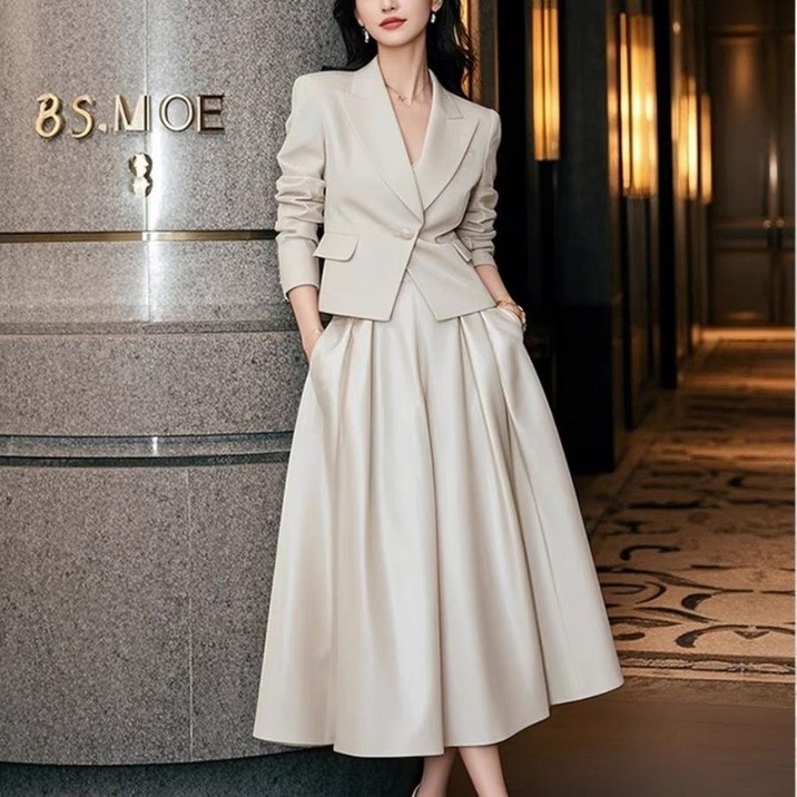 루스리더 여성 신상 패션 블레이저 롱 주름 스커트 투피스 세트 EZ51