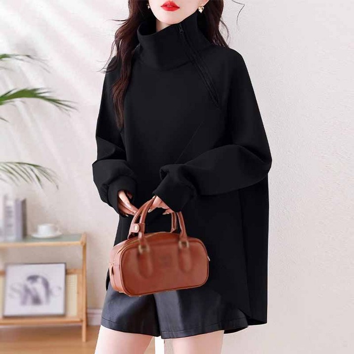 AOKADA 여성 하이넥 언발 지퍼 앞트임 기모 맨투맨 티셔츠 가을 겨울 여자 상의