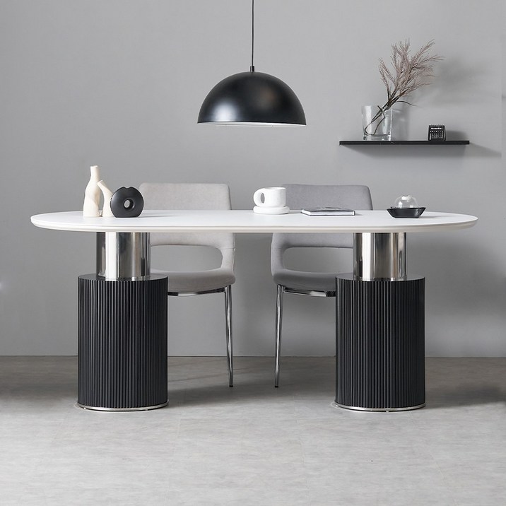 알테라 세라믹테이블 타원형 템바보드 거실식탁 화이트 블랙, 화이트블랙