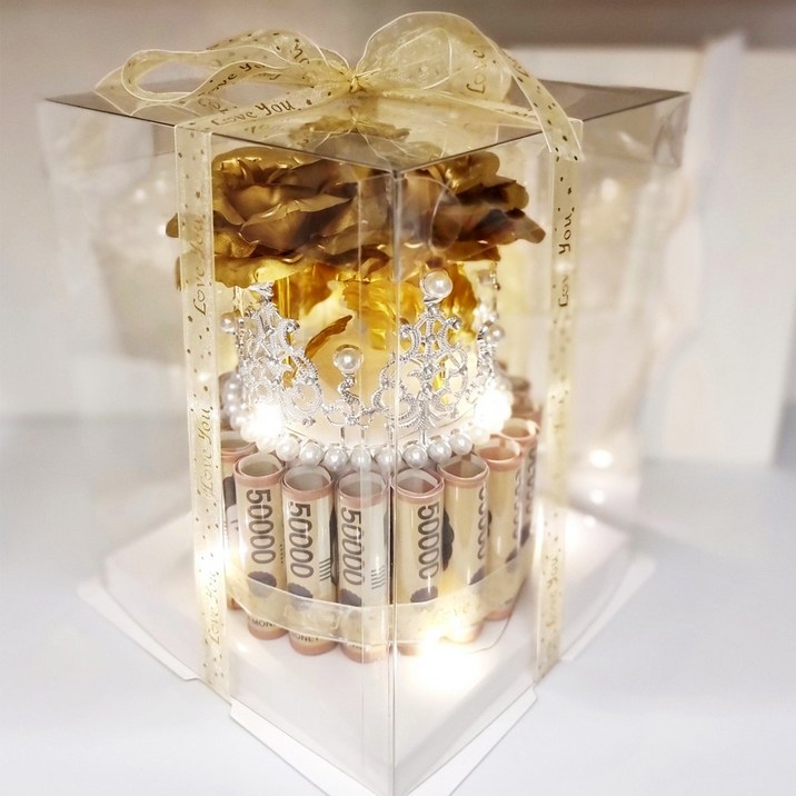 용돈박스 비누꽃 생신 생일 용돈 이벤트 (왕관돈케이크 + 전용쇼핑백 + 페이크머니 + LED전구), 1개, 금장미