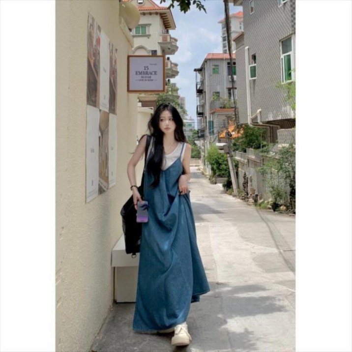 데님 오버니 뷔스티에 롱원피스 봄 여름 민소매 레이어드 뷔에스트 끈나시 원피스