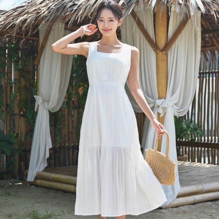 헤링본 캉캉 나시 민소매 스퀘어넥 레이스 쉬폰 롱 휴양지원피스 HI198