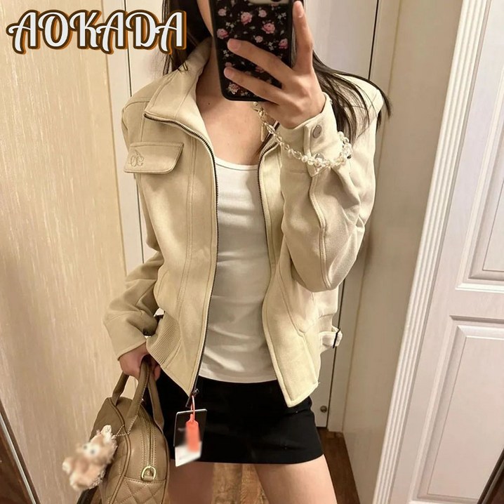 AOKADA 후드티 스웨이드 미국식 복고풍 배색 디자인 슬림핏 크롭 라이더 자켓