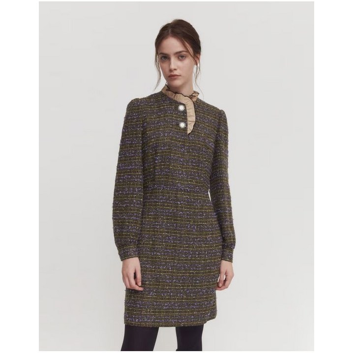 정품발송 질스튜어트뉴욕 우먼 S사이즈 브라운 러플배색 트위드원피스 JSDR2D380W3 347742