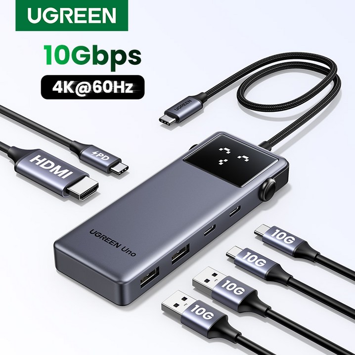 UGREEN 유그린 Uno 6 in 1 C타입 멀티 허브 10Gbps 데이터 전송 포트 4K60Hz HDMI 지원 스마트 이모티콘 상태 표시, 1개, Grey