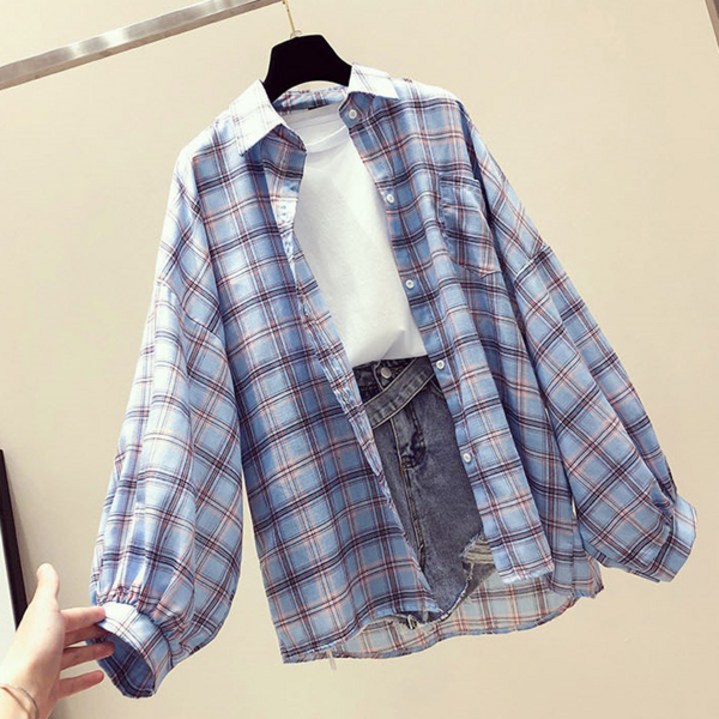 오티온 여성용 데일리 체크셔츠 루즈핏