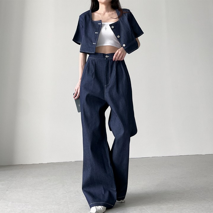 페이퍼먼츠 스퀘어넥 크롭 자켓 + 핀턱 팬츠 캐주얼 세트 10821