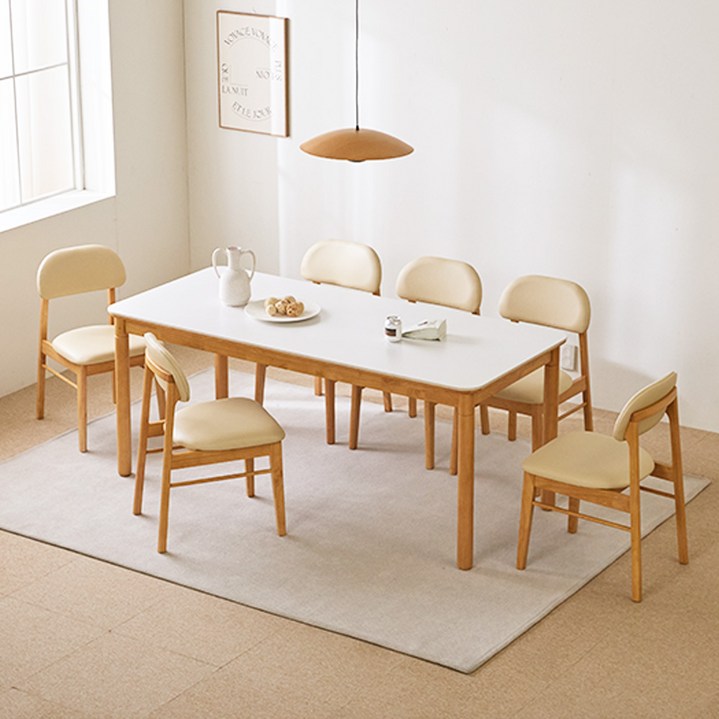 베니 세라믹 원목식탁 6인용 1800 + 의자6p 세트 방문설치, 내추럴(프레임, 의자), 화이트(상판), 일반의자 6