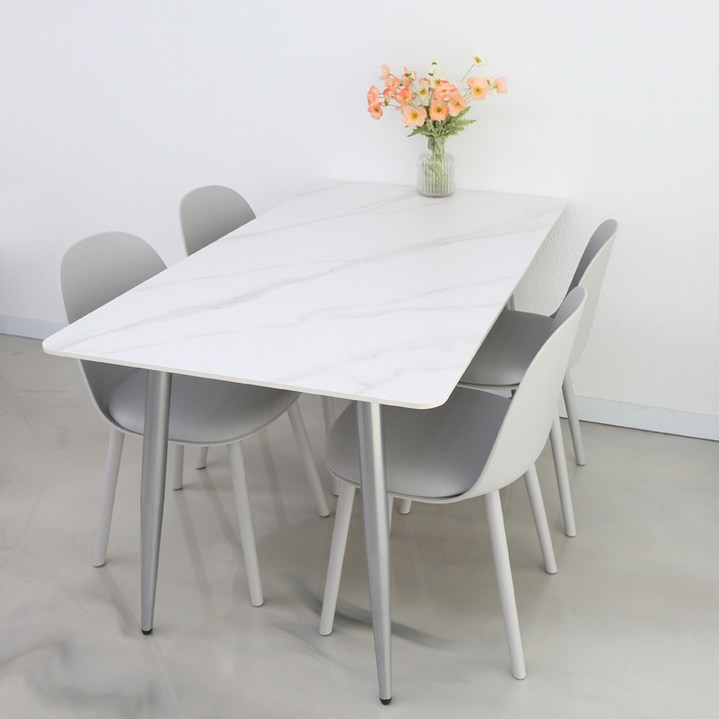 참갤러리 마로니 1400 4인용 세라믹 직사각 식탁  의자 4p 세트 방문설치, 식탁무광 마블 화이트, 의자그레이