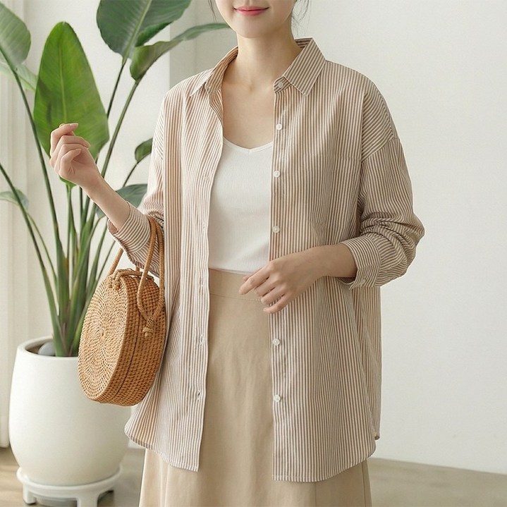 [2026 봄신상] 스타일아유 면80% 여성 스트라이프 면마 셔츠 봄여름 루즈핏 긴팔 남방 BL1858