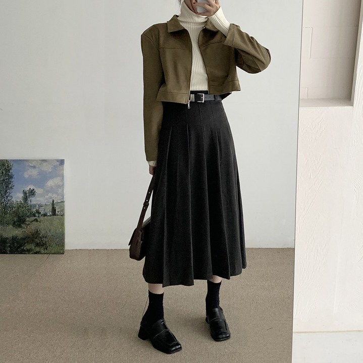 [순이] S.여성 모직 무드 플리츠 벨트 롱 스커트