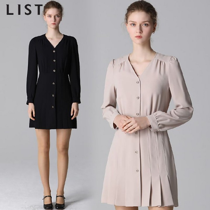 리스트 플리츠 브이넥 버튼 원피스  택가격 248000원