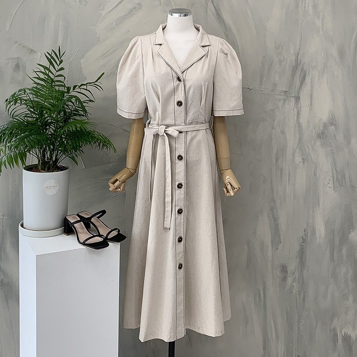 행복여 오브제 스티치 배색 카라 린넨 텍스쳐 퍼프 소매 원피스