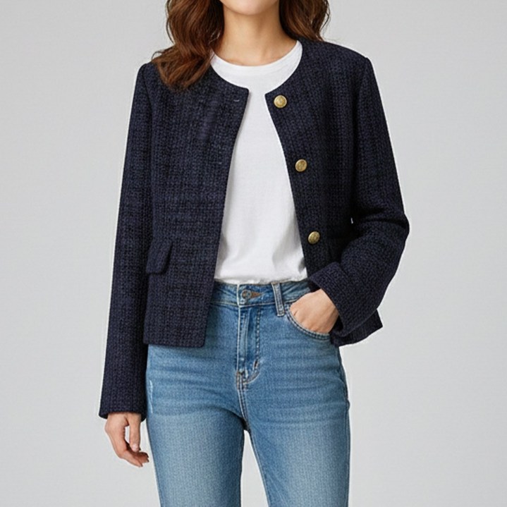 UPPERCUT 여성 소프트 트위드 세미 크롭 자켓 노카라 금장 단추 봄 가을 하객룩 오피스룩