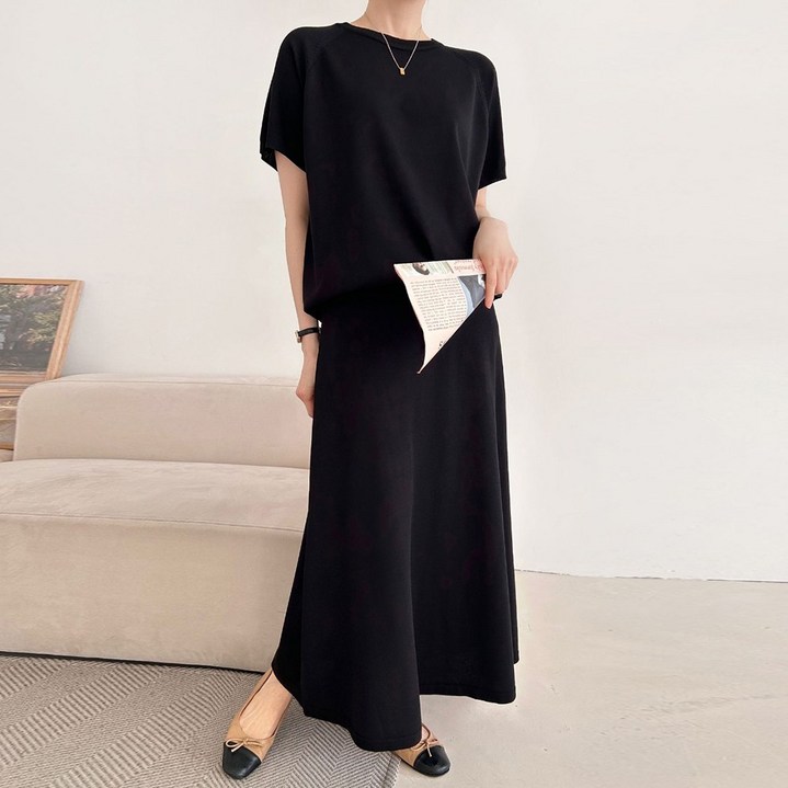 상하세트 스커트 세트 니트 비스코스 라운드 반팔 치마