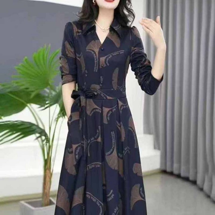 AOKADA 여성 봄 가을 긴팔 카라 프린팅 A라인 오피스룩 하객룩 롱 원피스