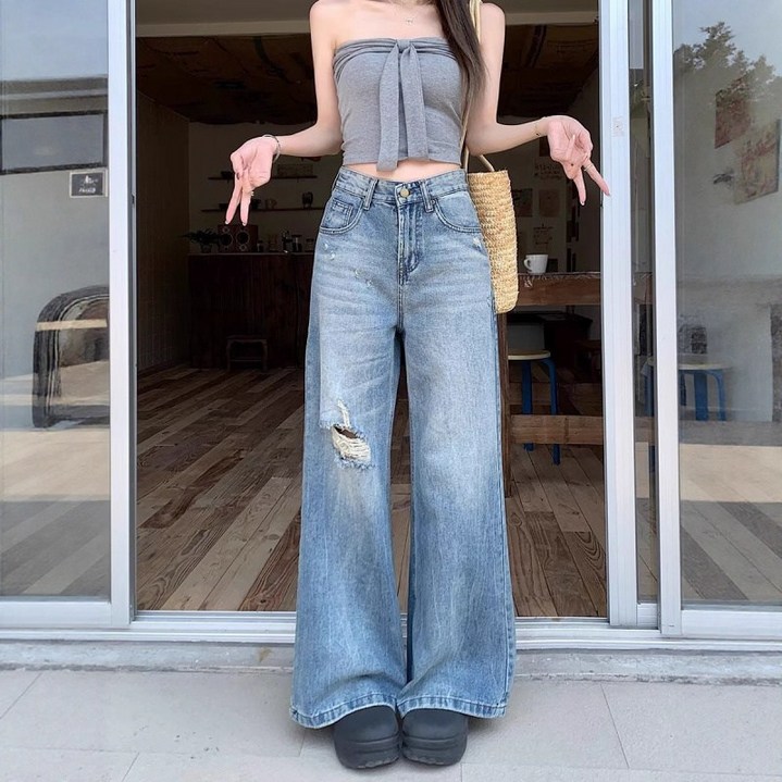 MIREA 여성 와이드 데님 팬츠 찢어진 디테일 봄가을 캐주얼 바지 CNZ02