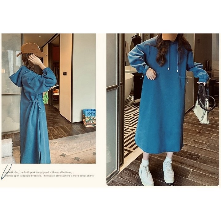 실사 올해 유행 후드 긴팔 맨투맨 원피스 여 가을 겨울 고급스러운 캐주얼 롱스커트