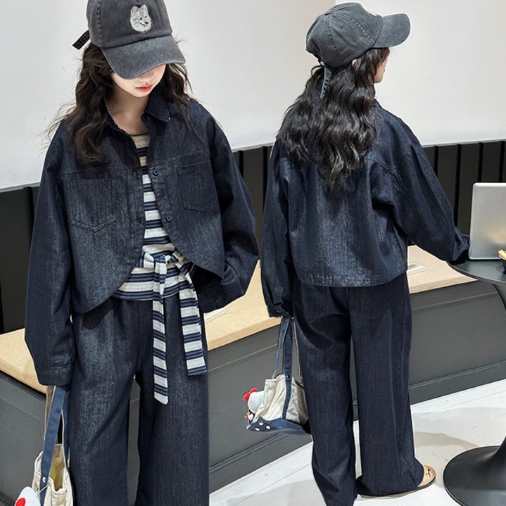 비비키드 여아 신상 봄 가을 주니어 상의 초등생 하의 세트 초중생 포켓 데님 자켓 긴팔 와이드 긴바지 초등생 상하세트 (775024)