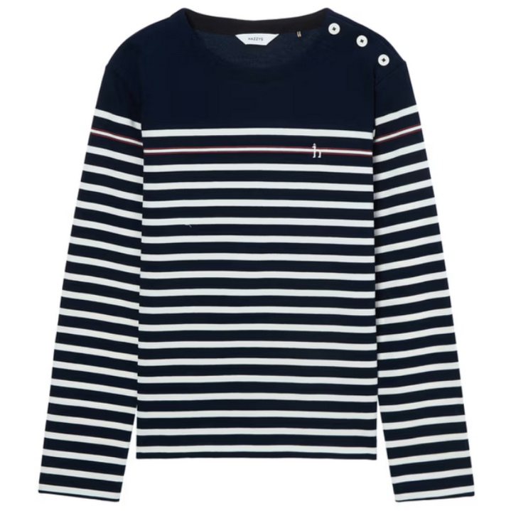 헤지스 여성용 버튼장식 스트라이프 긴팔 티셔츠