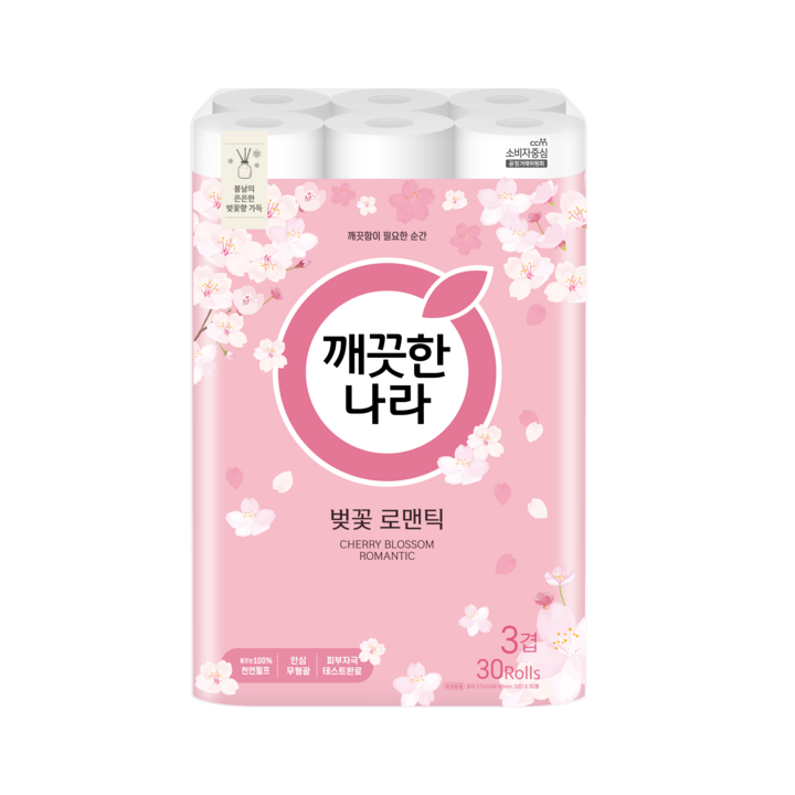 깨끗한나라 벚꽃 로맨틱 천연펄프 3겹 고급롤화장지, 30개입, 1개