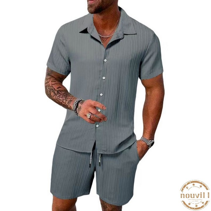 남자 플리츠 트레이닝 세트 카라 반팔 셔츠 밴딩 반 바지 주름 셋업 여름 냉장고 데일리룩