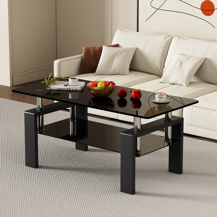 모던 강화유리 거실 소파 2단 커피 테이블 원룸 커피 책상, 블랙