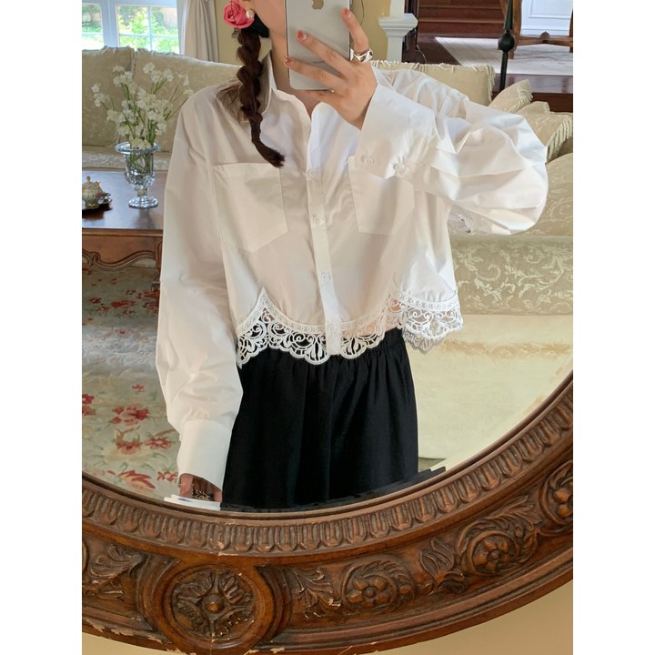 투포켓 레이스 카라넥 셔츠 블라우스