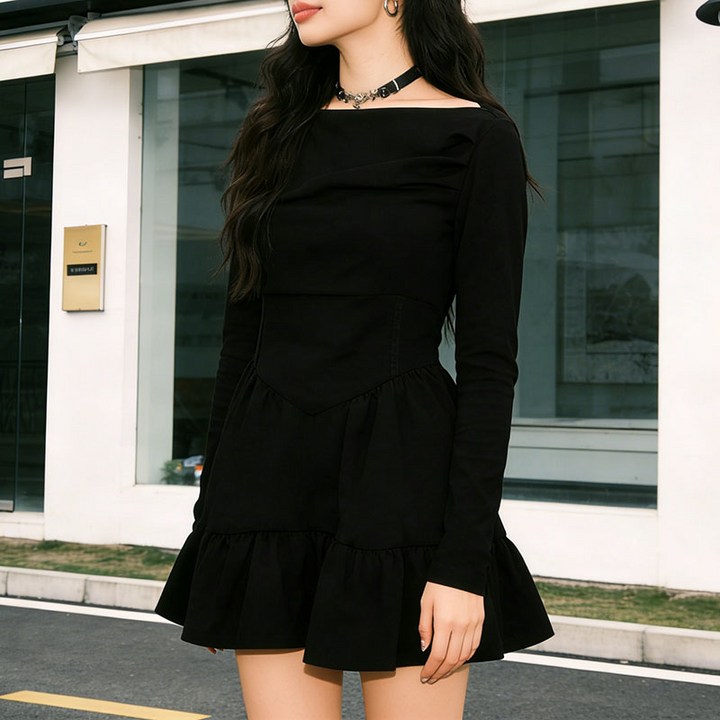 여성 봄가을 오프숄더 긴팔 원피스 데일리 심플 패션 슬림핏 스커트 슬림소녀