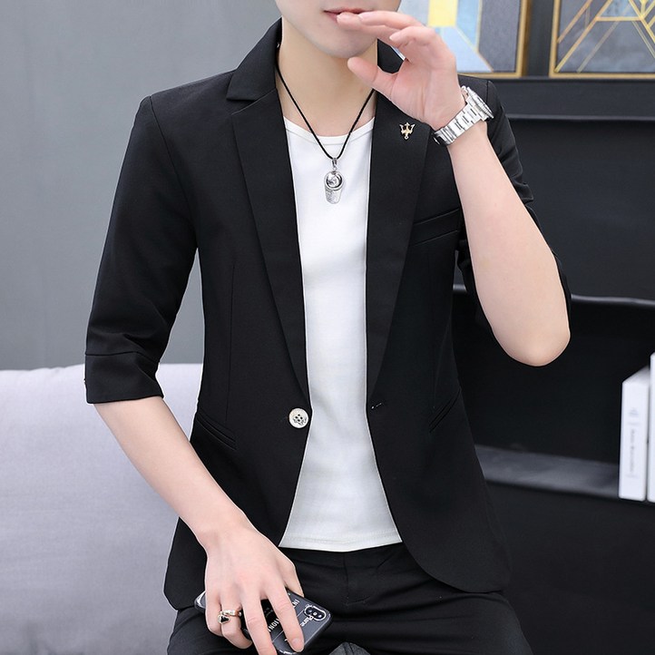 AOKADA 남자 슬림핏 여름 컬러 반팔 7부소 양복 상의 자켓 블레이저 남성 정장